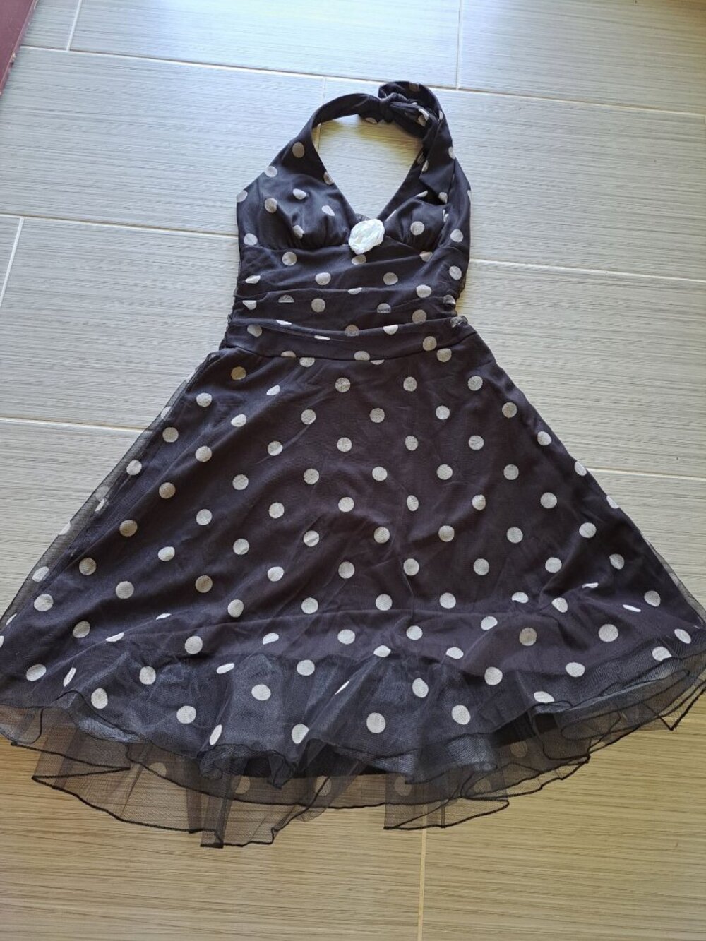 Vtg Ruby Rox Black Polka Dot Halter Dress W/ White Flower Applique L Rockabilly - Picture 9 of 13